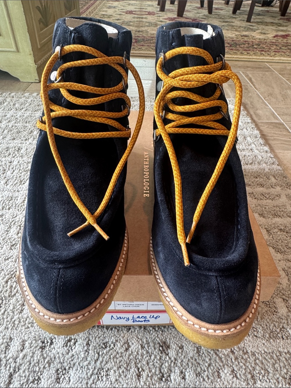 Anthropologie Navy Lace-Up Boots with Mustard Laces